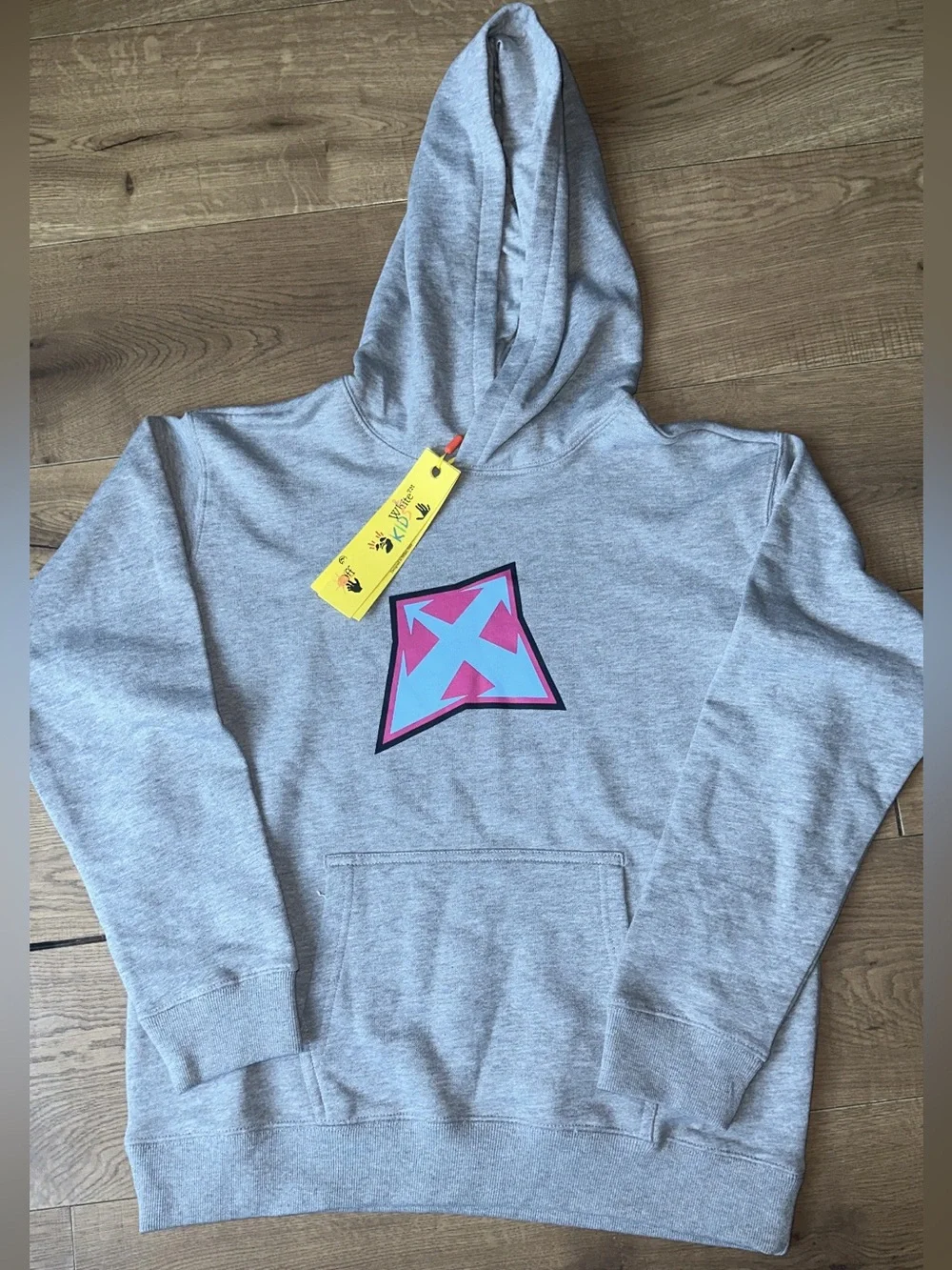 OFF-WHITE Gray Kids Hoodie with Pink-Outlined Blue Logo